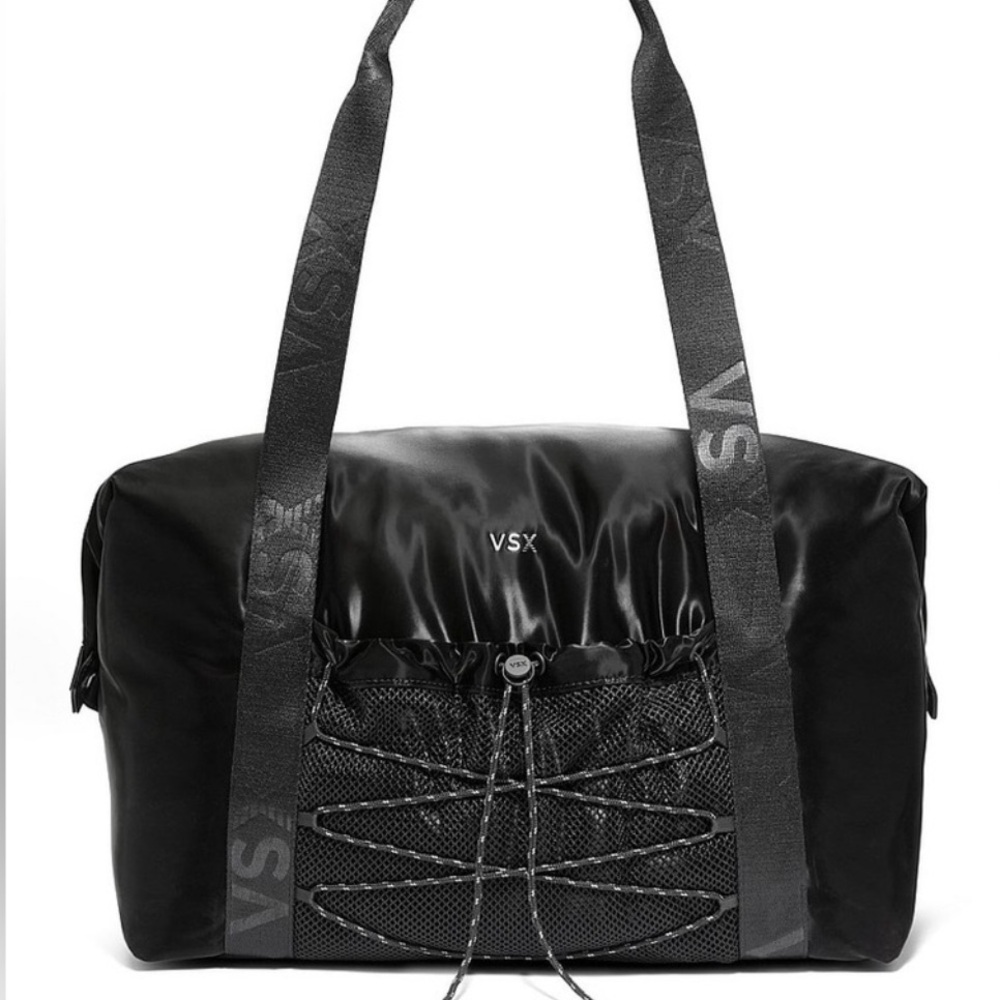 Victoria’s Secret VSX Black Liquid Shine Duffel Bag with Logo Straps